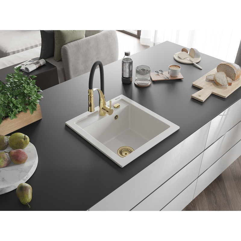 Mexen Vito Granitspüle 1-Becken mit Küchenarmatur Aster, weiß - 6503-20-73450-57-G