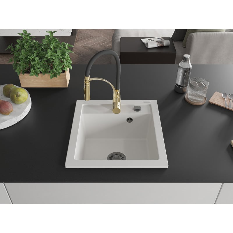Mexen Vito Granitspüle 1-Becken mit Küchenarmatur Aster, Weiß - 6503-20-73450-57-B
