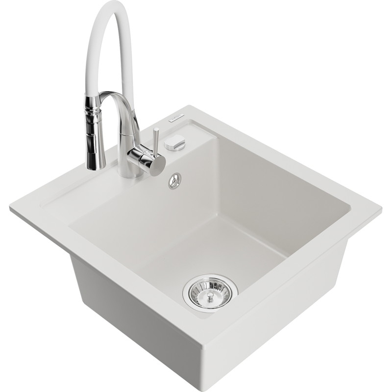 Mexen Vito Granitspüle 1-Becken mit Küchenarmatur Aster, weiß - 6503-20-73450-02