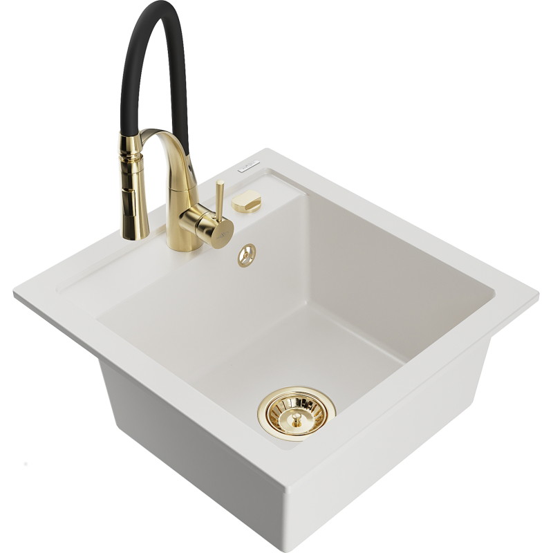 Mexen Vito 1-Kammer Granitspüle mit Küchenarmatur Aster, weiß - 6503-20-73450-57-B