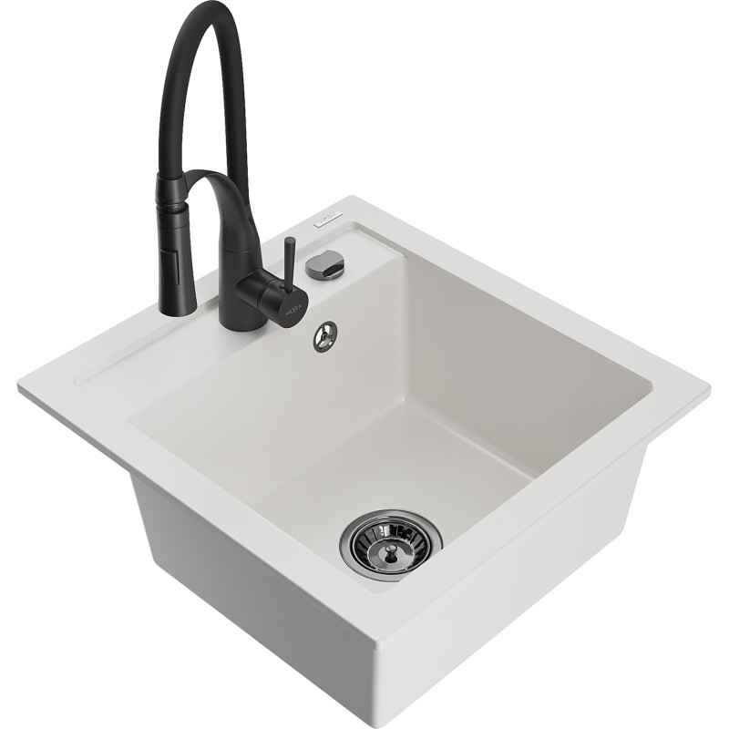 Mexen Vito Granitspüle 1-Becken mit Küchenarmatur Aster, weiß - 6503-20-73450-70-B