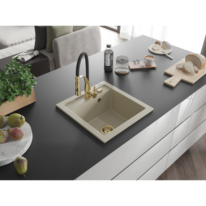 Mexen Vito Granitspüle 1-Becken mit Küchenarmatur Aster, beige - 6503-69-73450-57-G