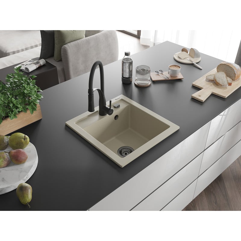 Mexen Vito Granitspüle 1-Kammer mit Küchenarmatur Aster, Beige - 6503-69-73450-70-B