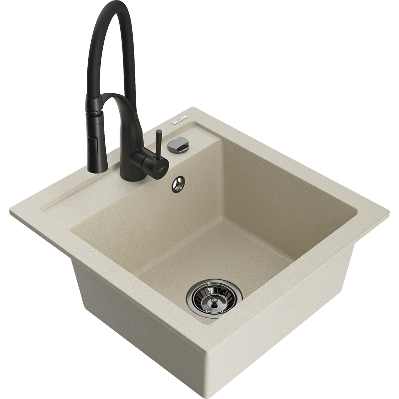 Mexen Vito Granitspüle 1-Kammer mit Küchenarmatur Aster, Beige - 6503-69-73450-70-B