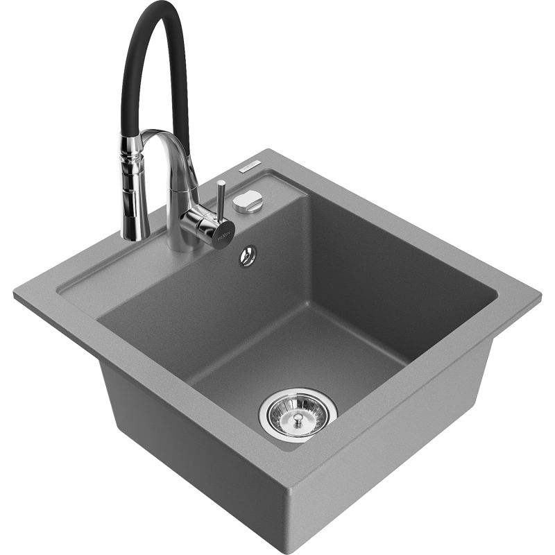 Mexen Vito Granitspüle 1-Becken mit Küchenarmatur Aster, grau - 6503-71-73450-07