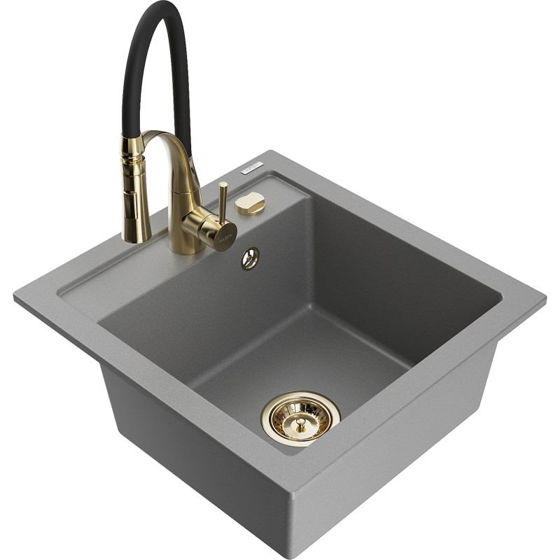 Mexen Vito Granitspüle 1-Kammer mit Küchenarmatur Aster, grau - 6503-71-73450-57-G