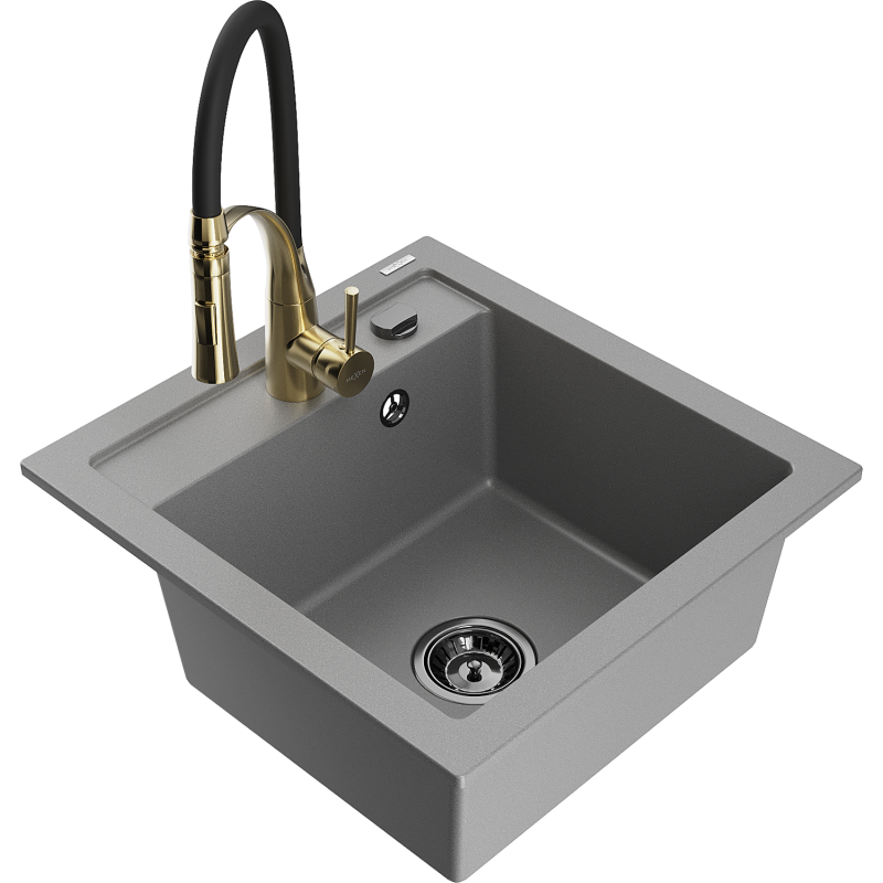 Mexen Vito Granitspüle 1-Becken mit Küchenarmatur Aster, grau - 6503-71-73450-57-B