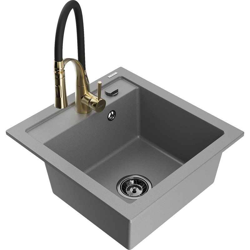 Mexen Vito Granitspüle 1-Kammer mit Küchenarmatur Aster, grau - 6503-71-73450-57-B