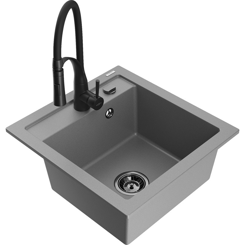 Mexen Vito granitspüle 1-becken mit Küchenarmatur Aster, grau - 6503-71-73450-70-B