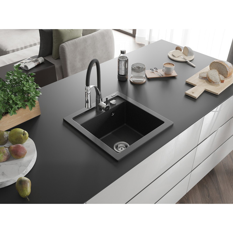 Mexen Vito Granitspüle 1-becken mit Küchenarmatur Aster, schwarz/silber-metallic- 6503-73-73450-07