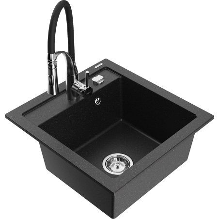 Mexen Vito Granitspüle 1-becken mit Küchenarmatur Aster, schwarz/silber-metallic- 6503-73-73450-07