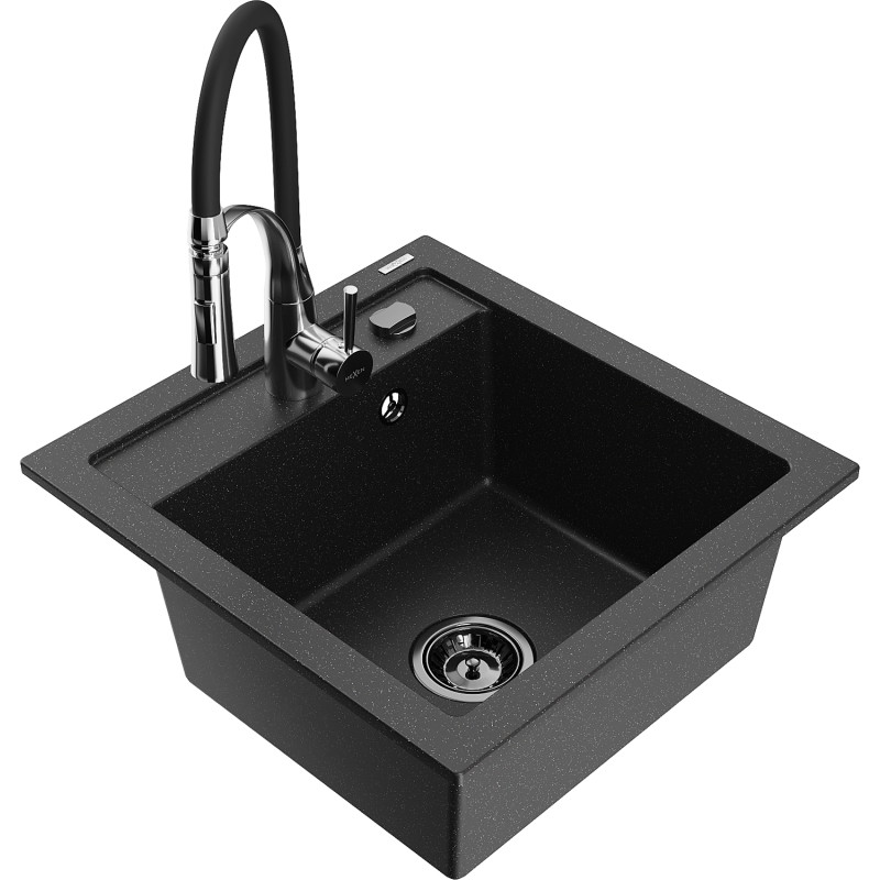 Mexen Vito 1-Kammer-Granitrspüle mit Küchenarmatur Aster, schwarz/silbermetallic - 6503-73-73450-07-B