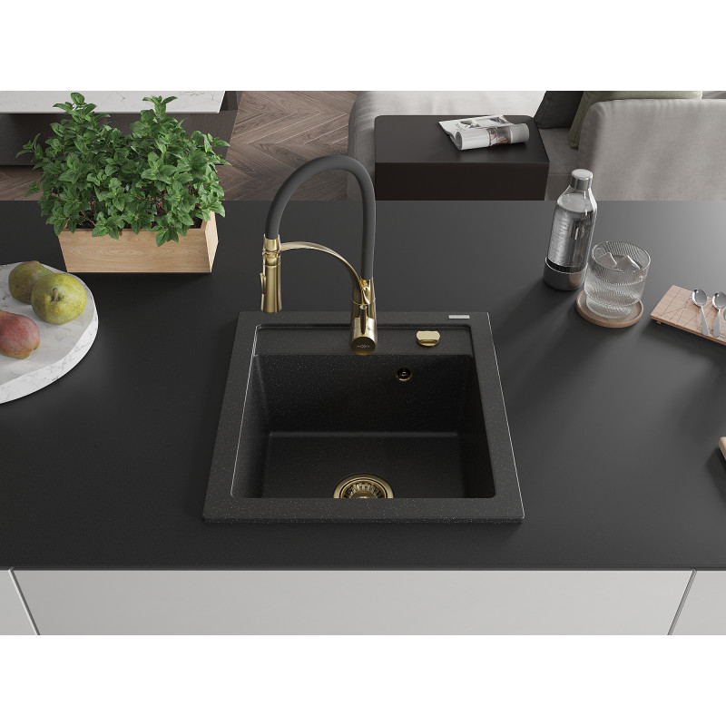Mexen Vito Granit-Spüle 1-Becken mit Küchenarmatur Aster, schwarz/silber metallic- 6503-73-73450-57-G
