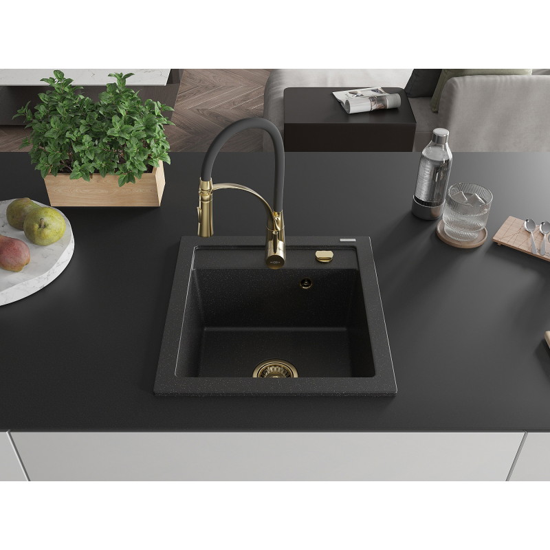 Mexen Vito Granitspüle 1-Becken mit Küchenarmatur Aster, schwarz/silberner Metallic - 6503-73-73450-57-G