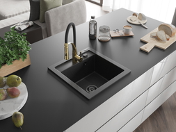 Mexen Vito Granitspüle 1-becken mit Küchenarmatur Aster, Schwarz/Silber Metallic- 6503-73-73450-57-B