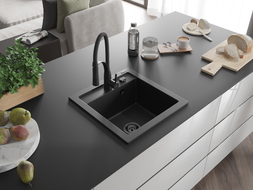 Mexen Vito Granitspüle 1-Becken mit Küchenarmatur Aster, schwarz/silber Metallic- 6503-73-73450-70-B