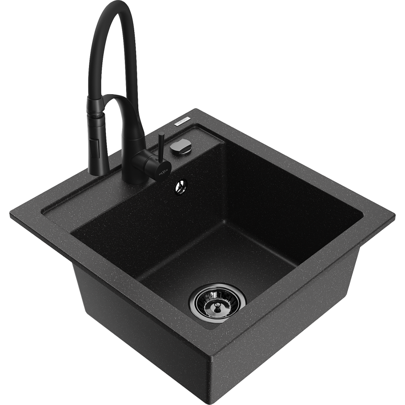 Mexen Vito Granitspüle 1-Becken mit Küchenarmatur Aster, schwarz/silber Metallic- 6503-73-73450-70-B