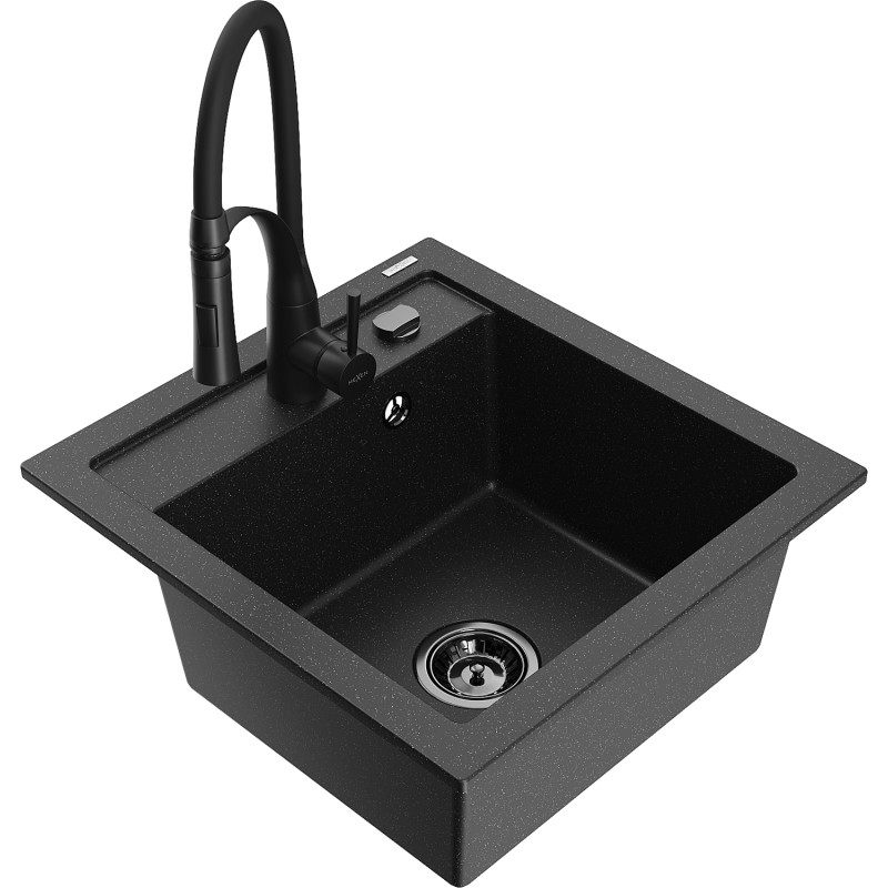 Mexen Vito Granitspüle 1-komoriger mit Küchenarmatur Aster, schwarz/silber metallic - 6503-73-73450-70-B