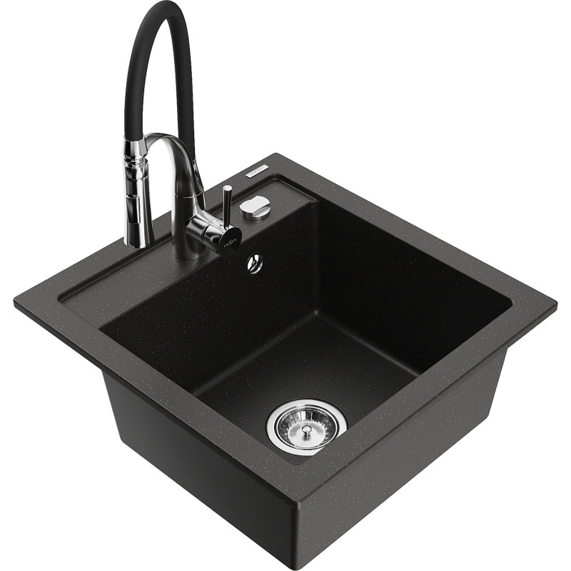 Mexen Vito granitspüle mit 1 Becken und Küchenarmatur Aster, schwarz/gold metallic - 6503-75-73450-07