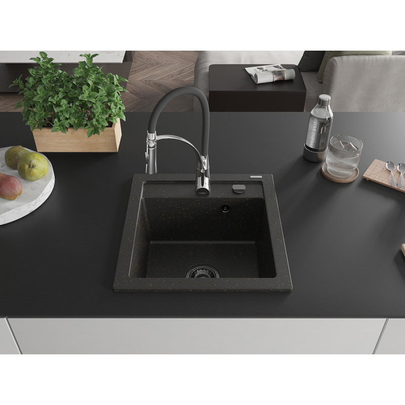Mexen Vito Granitspüle 1-Becken mit Küchenarmatur Aster, Schwarz/Gold Metallic- 6503-75-73450-07-B