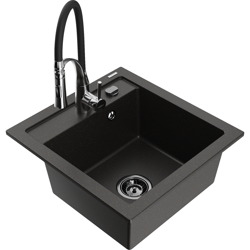 Mexen Vito Granitspüle 1-Becken mit Küchenarmatur Aster, Schwarz/Gold Metallic- 6503-75-73450-07-B
