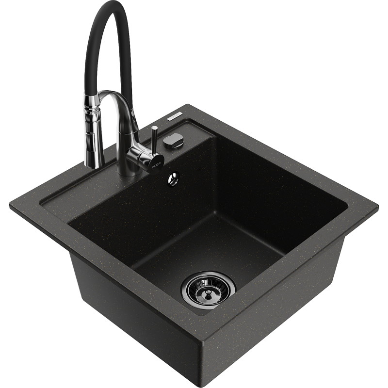 Mexen Vito Granitspüle 1-Becken mit Küchenarmatur Aster, schwarz/goldener Metallic - 6503-75-73450-07-B