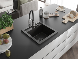 Mexen Vito Granitspüle 1-Becken mit Küchenarmatur Aster, Schwarz/Gold Metallic- 6503-75-73450-07-B