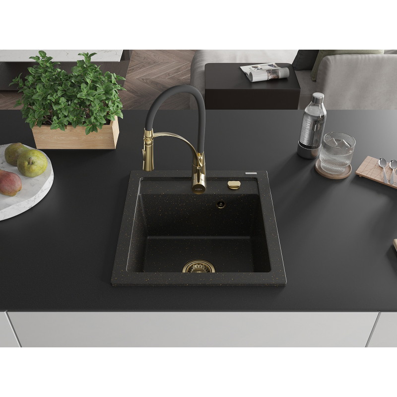 Mexen Vito granitspüle 1-becken mit küchenarmatur Aster, schwarz/gold metallic - 6503-75-73450-57-G