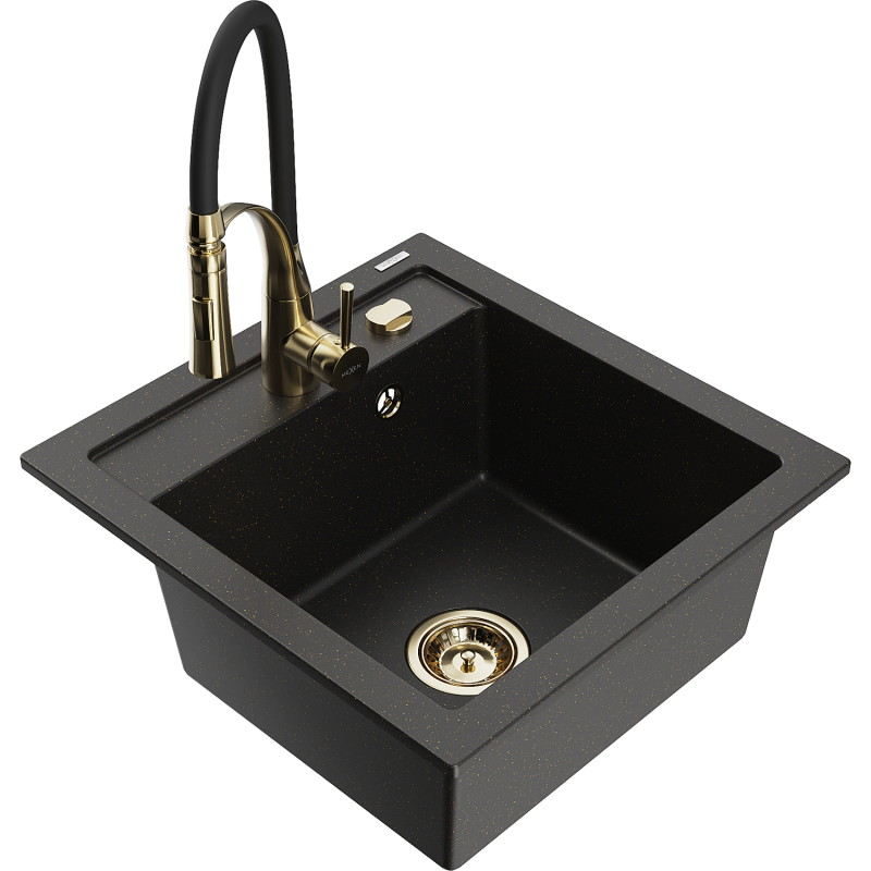 Mexen Vito granitspüle 1-becken mit küchenarmatur Aster, schwarz/gold metallic - 6503-75-73450-57-G
