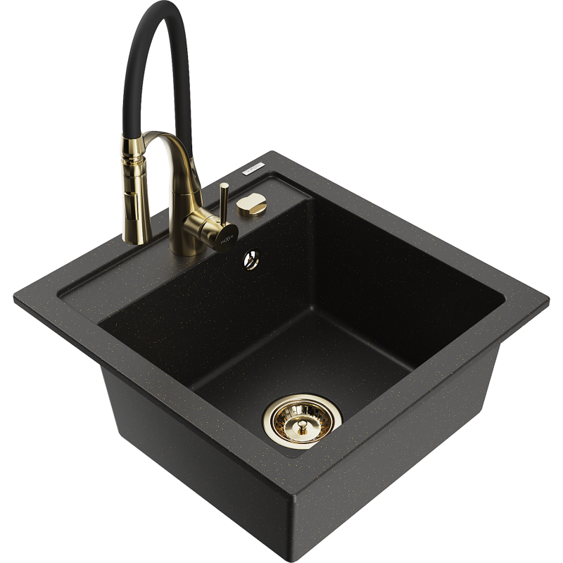 Mexen Vito Granitspüle 1-beckig mit Küchenarmatur Aster, schwarz/gold metallic- 6503-75-73450-57-G