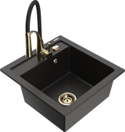 Mexen Vito Granitspüle 1-beckig mit Küchenarmatur Aster, schwarz/gold metallic- 6503-75-73450-57-G