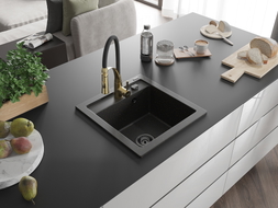 Mexen Vito Granitspüle 1-Kammer mit Küchenarmatur Aster, schwarz/gold metallic- 6503-75-73450-57-B