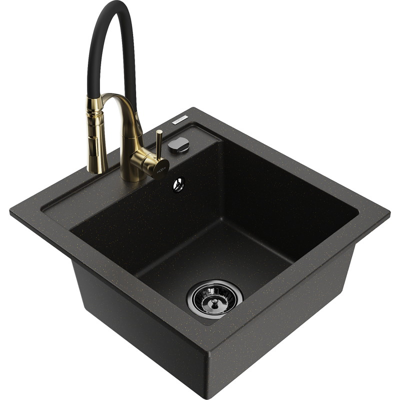 Mexen Vito Granitspüle 1-beckig mit Küchenarmatur Aster, schwarz/gold-metallic - 6503-75-73450-57-B