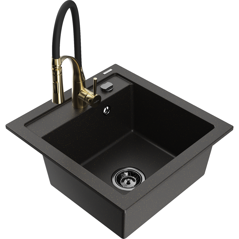Mexen Vito Granitspüle 1-Kammer mit Küchenarmatur Aster, schwarz/gold metallic- 6503-75-73450-57-B
