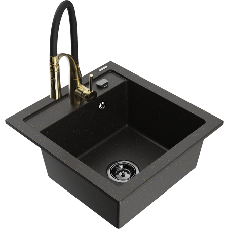Mexen Vito Granitspüle 1-beckig mit Küchenarmatur Aster, schwarz/gold-metallic - 6503-75-73450-57-B