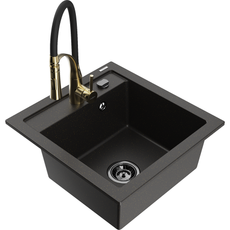 Mexen Vito Granitspüle 1-Kammer mit Küchenarmatur Aster, schwarz/gold metallic- 6503-75-73450-57-B