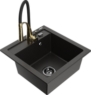 Mexen Vito Granitspüle 1-Kammer mit Küchenarmatur Aster, schwarz/gold metallic- 6503-75-73450-57-B