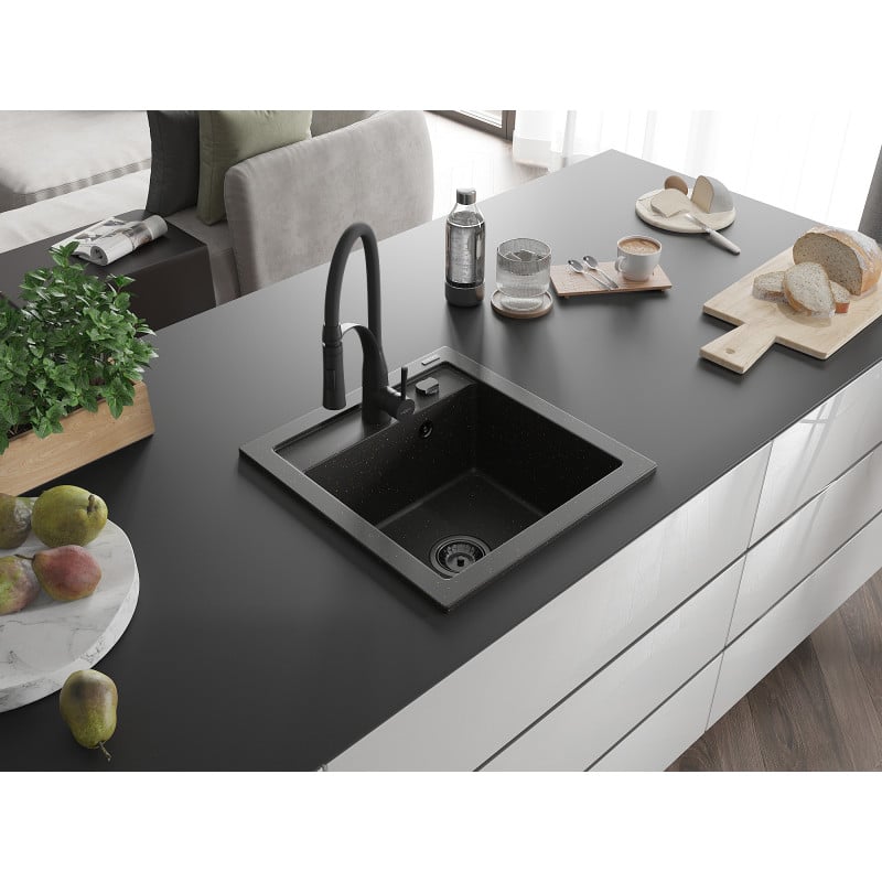 Mexen Vito Granitspüle 1-Becken mit Küchenarmatur Aster, Schwarz/Gold Metallic- 6503-75-73450-70-B