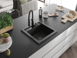 Mexen Vito Granitspüle 1-Becken mit Küchenarmatur Aster, Schwarz/Gold Metallic- 6503-75-73450-70-B