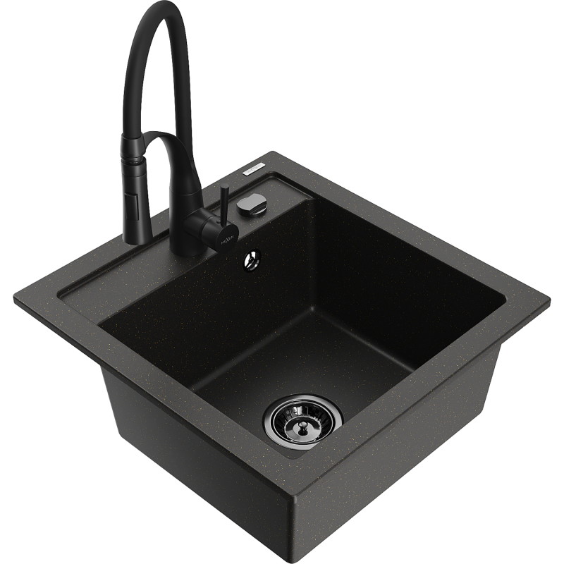 Mexen Vito Einbau Granitspüle ohne Abtropffläche mit Küchenarmatur Aster, schwarz/gold metallic - 6503-75-73450-70-B