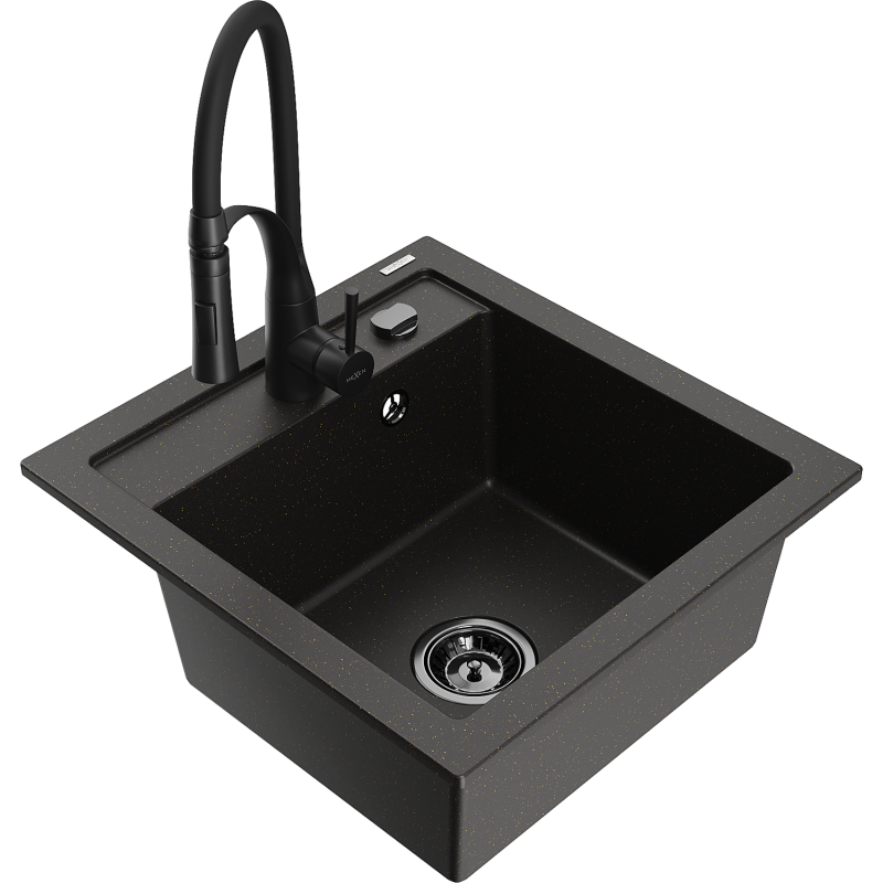 Mexen Vito Granitspüle 1-Becken mit Küchenarmatur Aster, Schwarz/Gold Metallic- 6503-75-73450-70-B