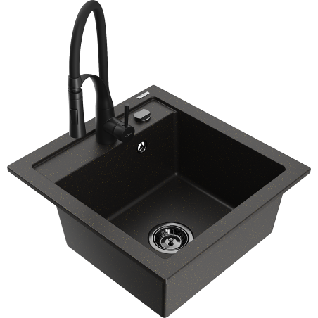 Mexen Vito Einbau Granitspüle ohne Abtropffläche mit Küchenarmatur Aster, schwarz/gold metallic - 6503-75-73450-70-B