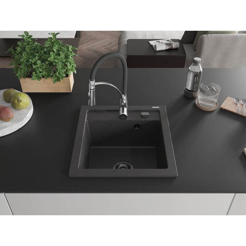 Mexen Vito Granitspüle 1-Becken mit Küchenarmatur Aster, schwarz gesprenkelt - 6503-76-73450-07-B