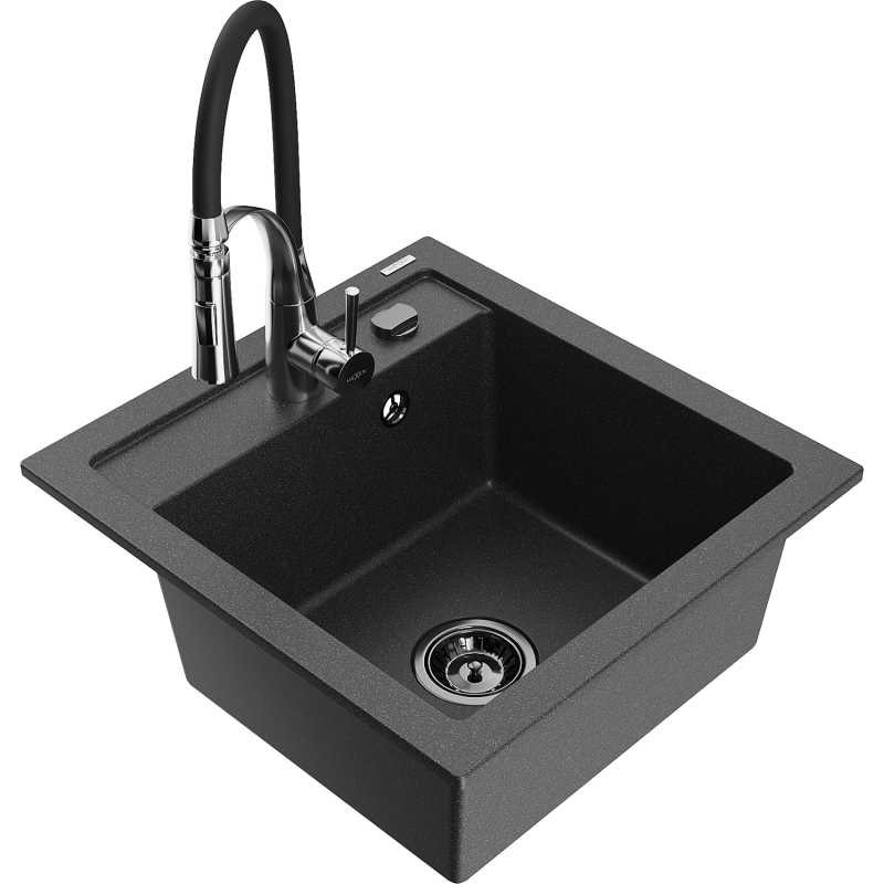 Mexen Vito Granitspüle 1-Becken mit Küchenarmatur Aster, schwarz gesprenkelt - 6503-76-73450-07-B