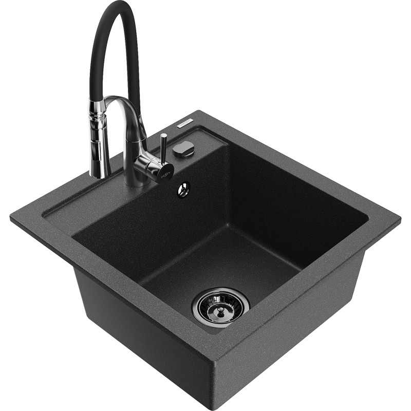 Mexen Vito Granitspüle, 1-Bowl, mit Küchenarmatur Aster, schwarz gesprenkelt - 6503-76-73450-07-B