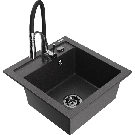 Mexen Vito Granitspüle 1-Becken mit Küchenarmatur Aster, schwarz gesprenkelt - 6503-76-73450-07-B