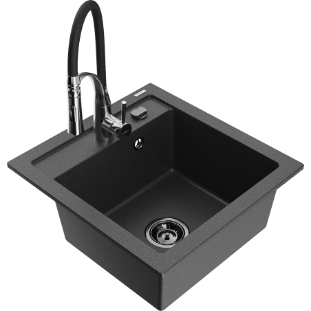 Mexen Vito Granitspüle, 1-Bowl, mit Küchenarmatur Aster, schwarz gesprenkelt - 6503-76-73450-07-B