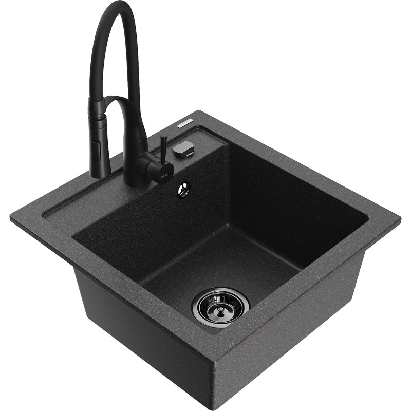 Mexen Vito Granitspüle 1-Becken mit Küchenarmatur Aster, schwarz gesprenkelt - 6503-76-73450-70-B