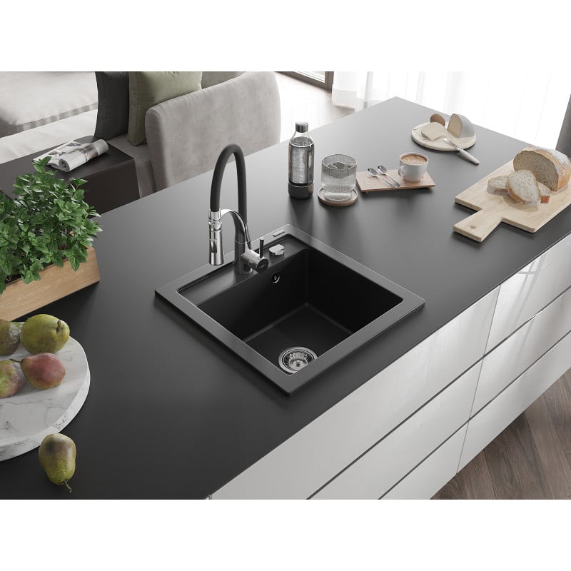 Mexen Vito Granitspüle einbecken mit Küchenarmatur Aster, schwarz - 6503-77-73450-07