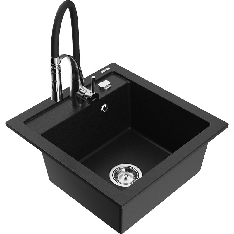Mexen Vito Granitspüle 1-Becken mit Küchenarmatur Aster, schwarz - 6503-77-73450-07